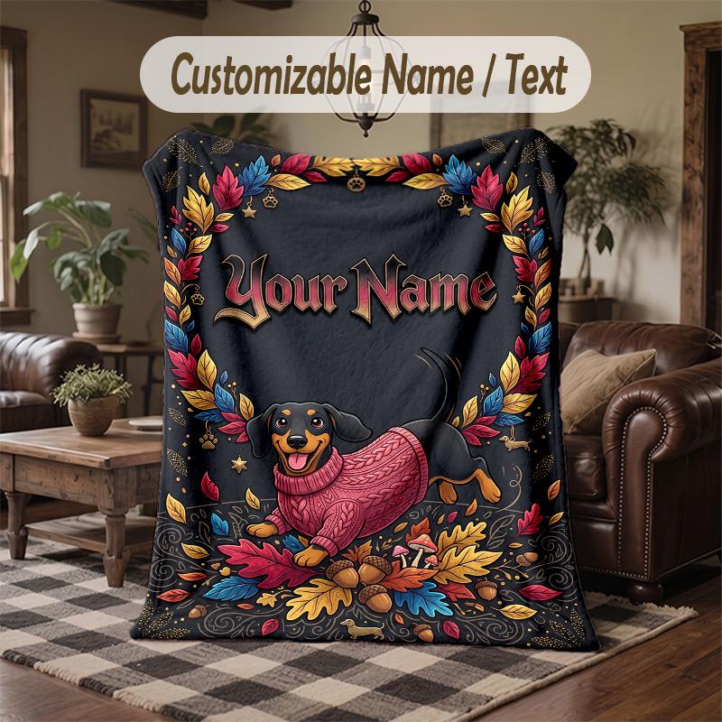 Autumn Leaves Dog Theme Throw Blanket Custom Name Text Personalized Blanket Soft Cozy Blanket for Home Sofa Bed