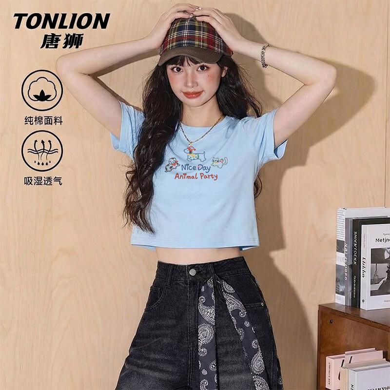 Женская хлопковая футболка TonLion с коротким рукавом, приталенная