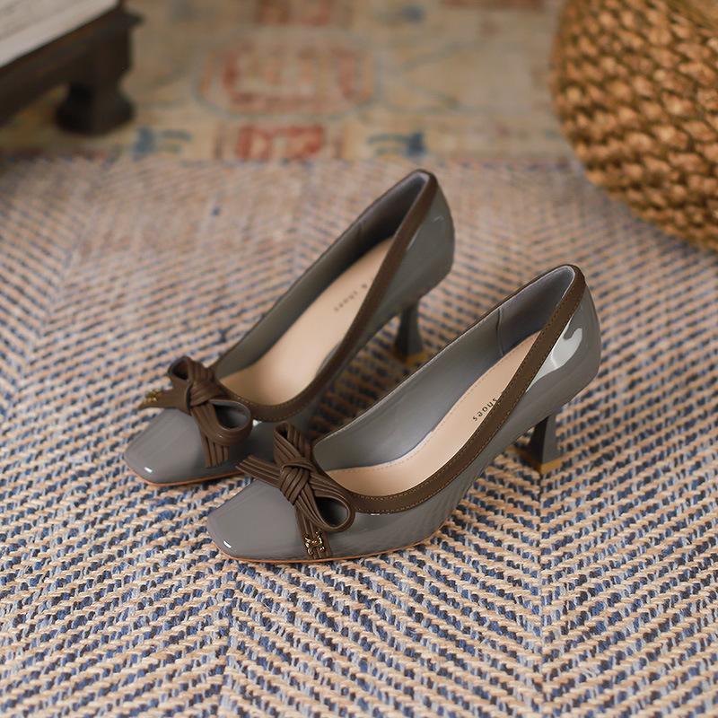 Женские туфли с квадратной головкой, осенние новые женские туфли на высоком каблуке с бантом, женская корейская обувь