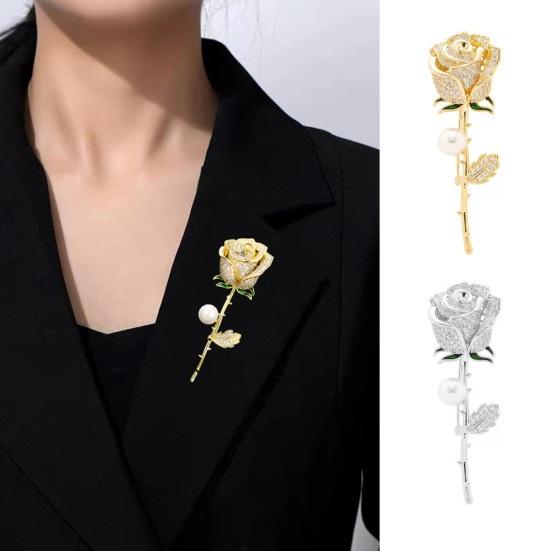 Elegant Rose Flower Faux Brooch Pearl Rhinestones Inlaid Shape Pin Bouquet Suit Lapel Badge Women