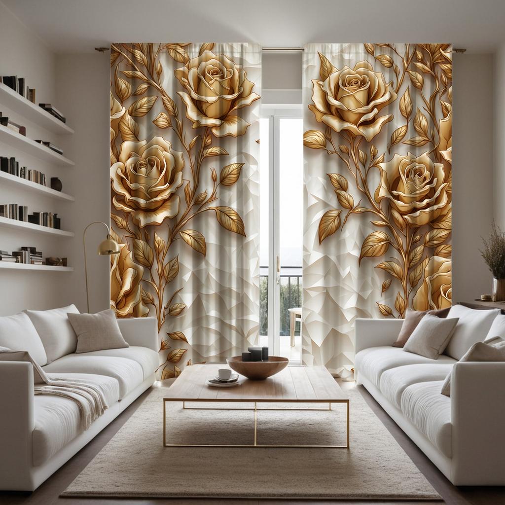 2-piece HD Digital Yellow Abstract Rose Curtain Home Decoration Style Decoration Living Room Bedroom Through Rod Curtain Effect