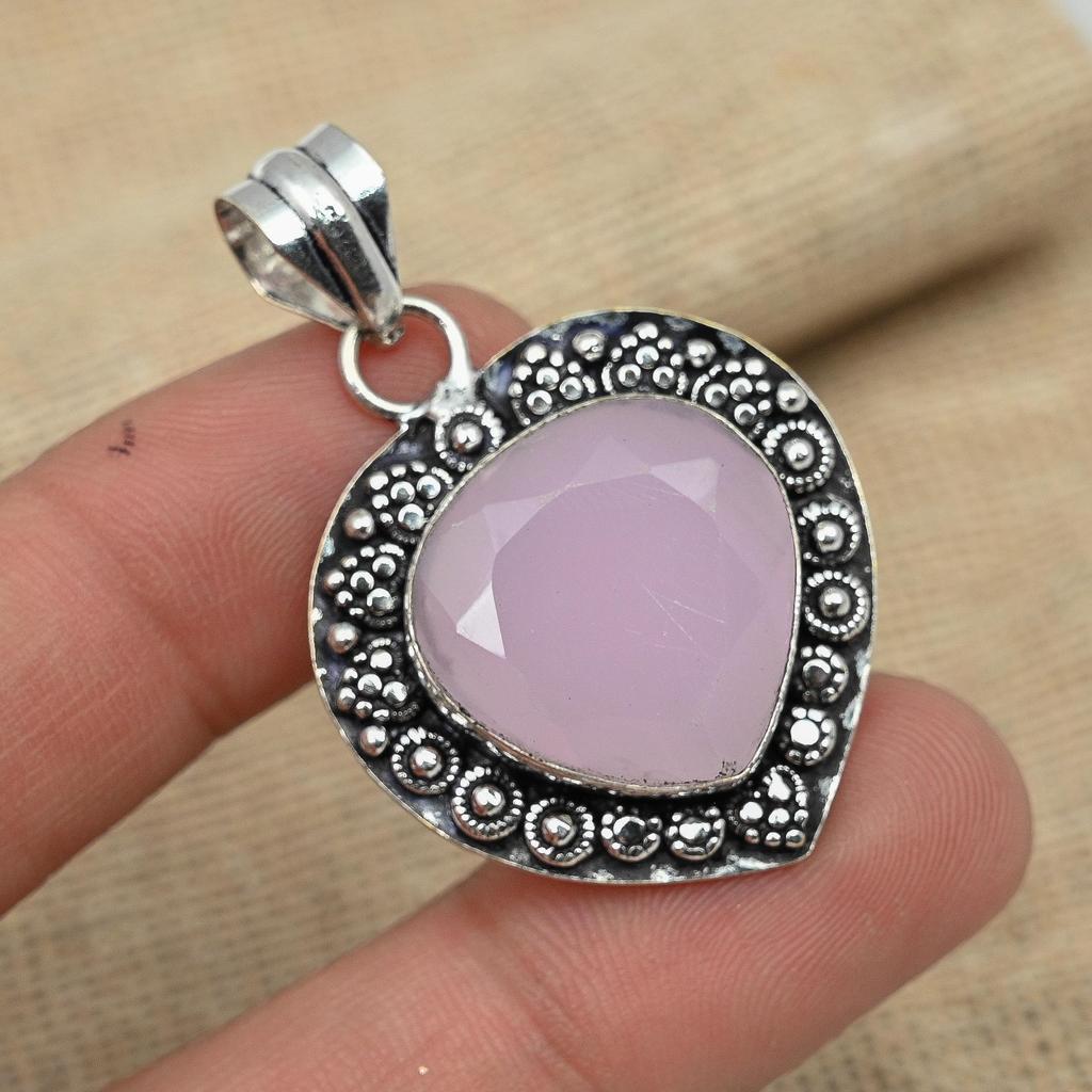 Розовый халцедоновый драгоценный камень ручной работы 925 твердых серебряных ювелирных изделий дизайнерский кулон для нее