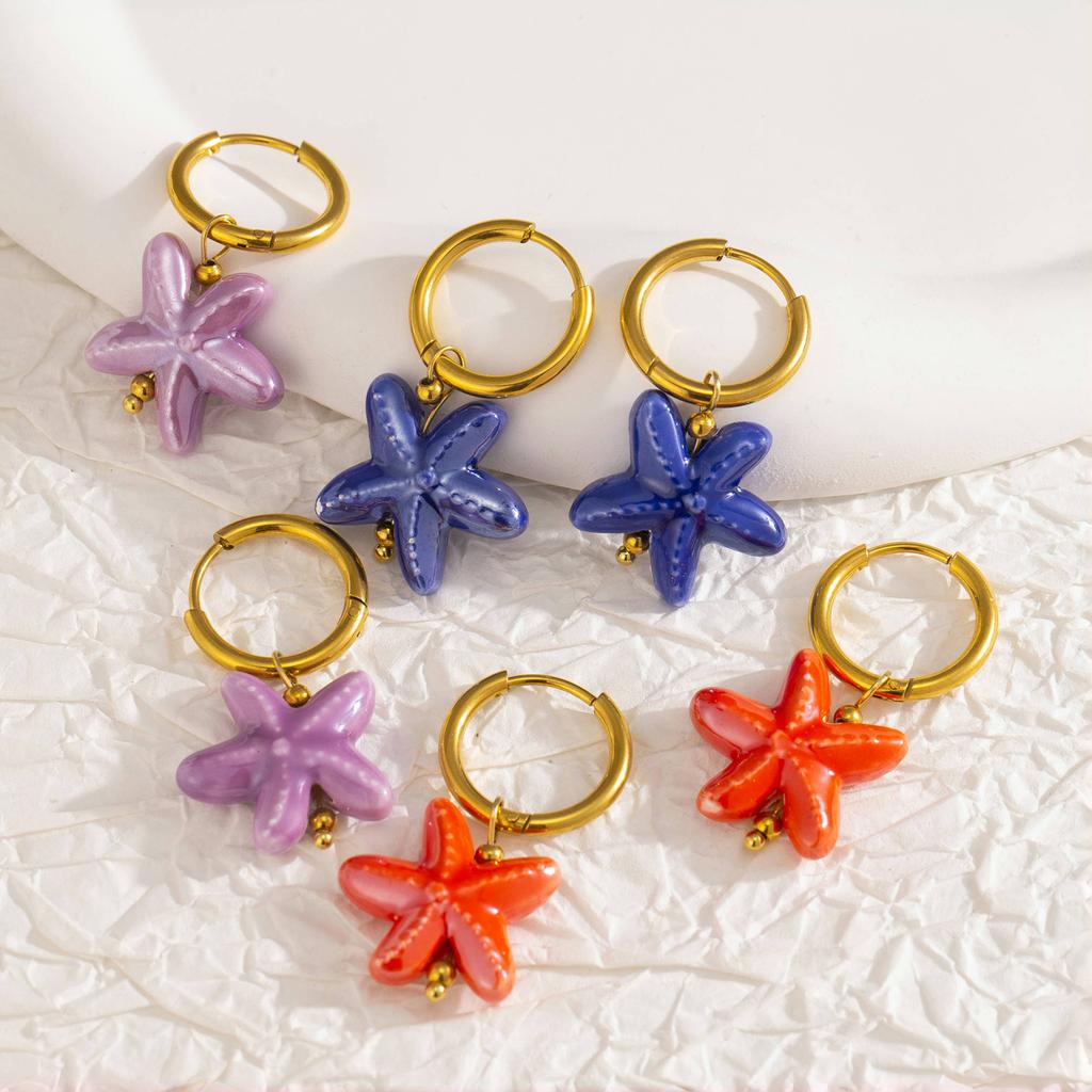 Ceramic Dopamine Starfish Earrings for Women Colorful Vibrant Pendant Youthful Hypoallergenic Stainless Steel  Zircon Gift