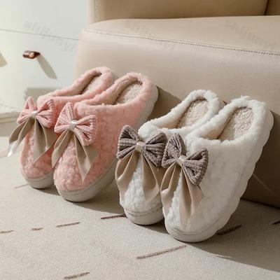 Хлопковые тапочки для женщин, новинка 2025 года, осень-зима, толстая подошва, теплая домашняя обувь, бант, нескользящие женские тапочки на плоской платформе
