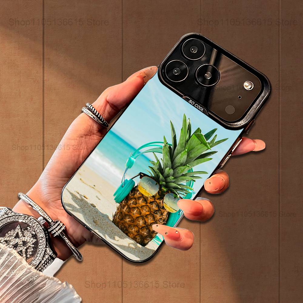 Cute Pineappl Art Fruit Case For iPhone 16,15,14,17,13,12,11,Mini,Pro,SE,XS,MAX,Black Matte Silicone Cover
