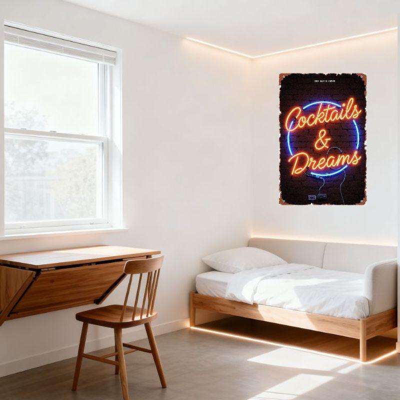 Vintage 'Cocktails & Dreams' Neon Sign Tin Sign, Retro Brick Wall Bar Pub Decor, Man Cave Wall Plaque for Cafe Restaurant Home B