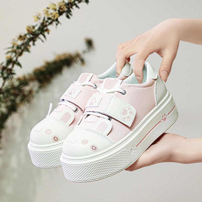 Модные милые туфли лолита на плоской платформе для девочек, студенческие парусиновые туфли на танкетке с милыми кошачьими ушками для молодых женщин