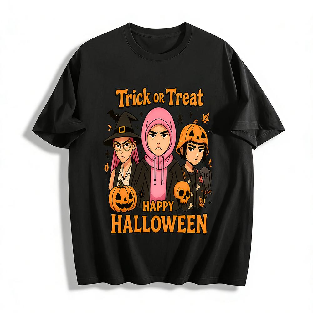Хэллоуинская футболка 'Trick Or Treat' с принтом 'Grumpy Trio' Повседневный топ для детей и взрослых Хлопковая футболка