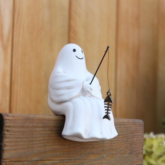 Хэллоуин Скульптура Синтетическая смола Скелет Рыбак Статуя Мини Привидение Рыбалка Пруд Садовое украшение