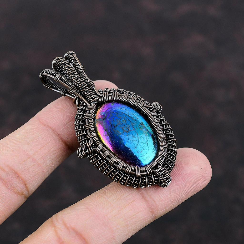 Мистический огонь, подвеска из лабрадорита, медная проволока, кулон с драгоценным камнем, медные украшения ручной работы, уникальный кулон, проволочная обмотка, ювелирный подарок для женщин