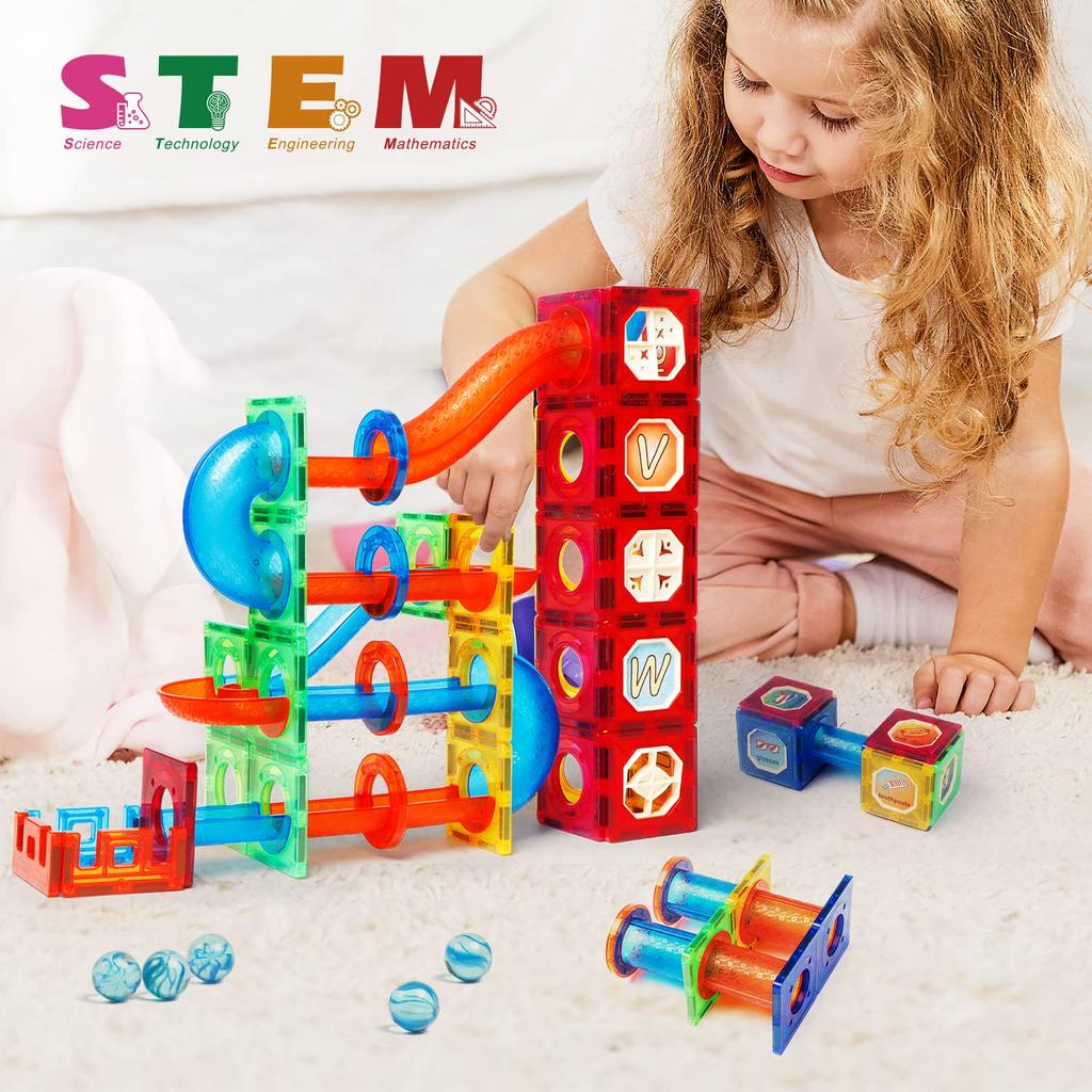 MAGBLOCK 122 Pieces Magnetic Block Pipe Marbles Glass Beads Educational Toys for Children Boys Girls Birthday Present Christmas