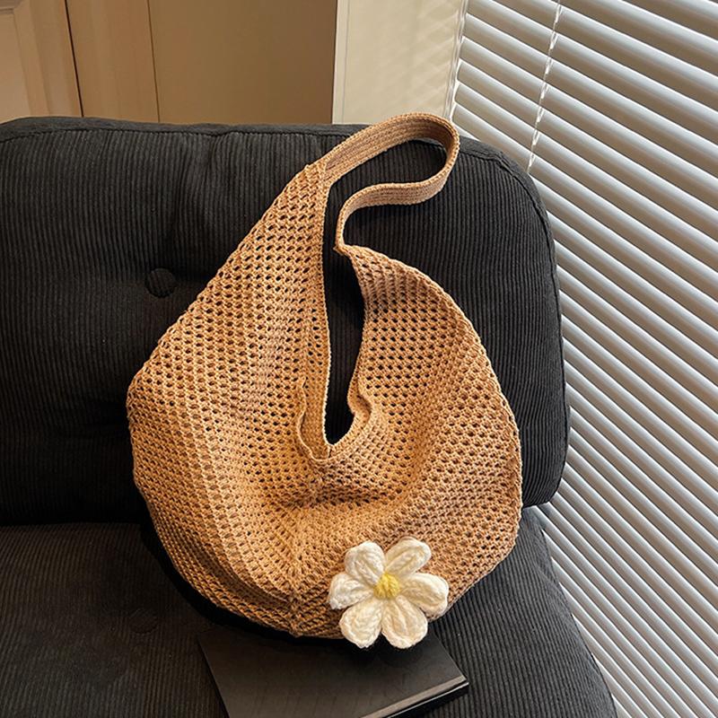 Women's Casual Hollow Out Wicker Woven Ladies Handmade Totes Bag Large Capacity Summer Beach Floral Decor Female's Shoulder Bag