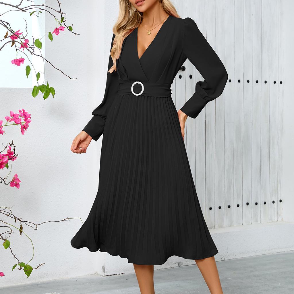 Women's Fashion V-Neck Long Sleeve Solid Colour Slim Dress Loose Casual Dresses