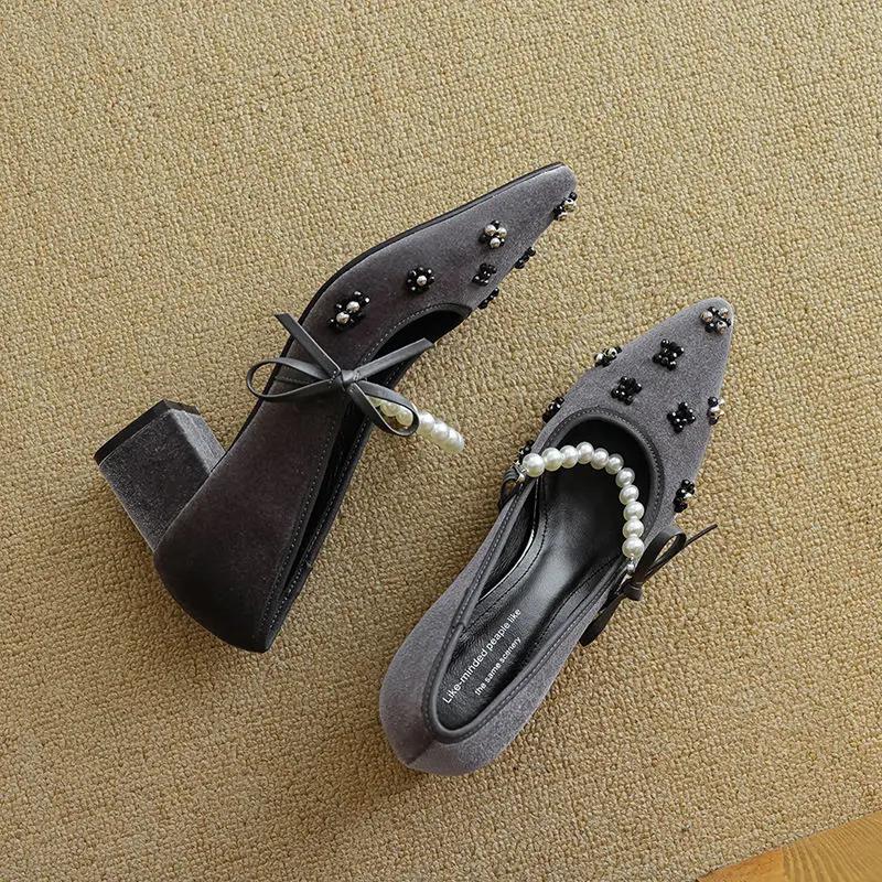Модные женские туфли-лодочки в японском стиле лолита на блочном каблуке с бантом, на среднем каблуке, массивные, с острым носком, Мэри Джейн, для женщин, готические, с жемчугом, Y2k