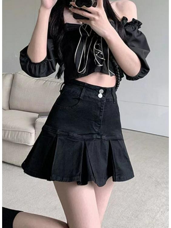 High-Waist Pleated Denim Skirt: 2023 Spring/Summer Slim A-Line Short Skirt for Women