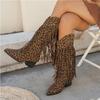 Fashion Leopard Fringe Western Knee High Boot Woman Faux Suede Cowboy Long Boots Ladies Autumn Cool Point Toe Heeled Tassel Rivet Botas