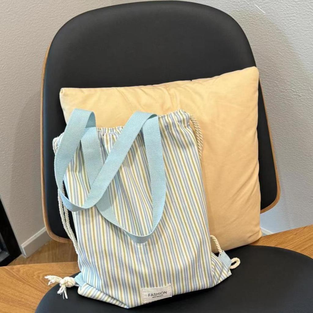 Striped Canvas Drawstring Backpack - 2025 Casual Commuter with Large Capacity & Single Shoulder Strap