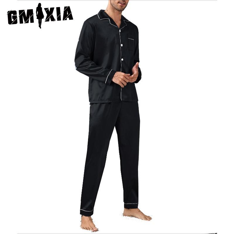 GMXIA Роскошный домашний костюм мужской с длинным рукавом и длинными брюками, атласный пижамный комплект из двух предметов
