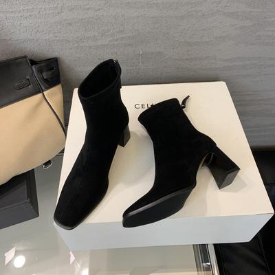 Замшевые квадратный носок толстый каблук осень и зима средний каблук задняя молния тонкие ботильоны темпераментные универсальные высокий каблук короткие ботинки