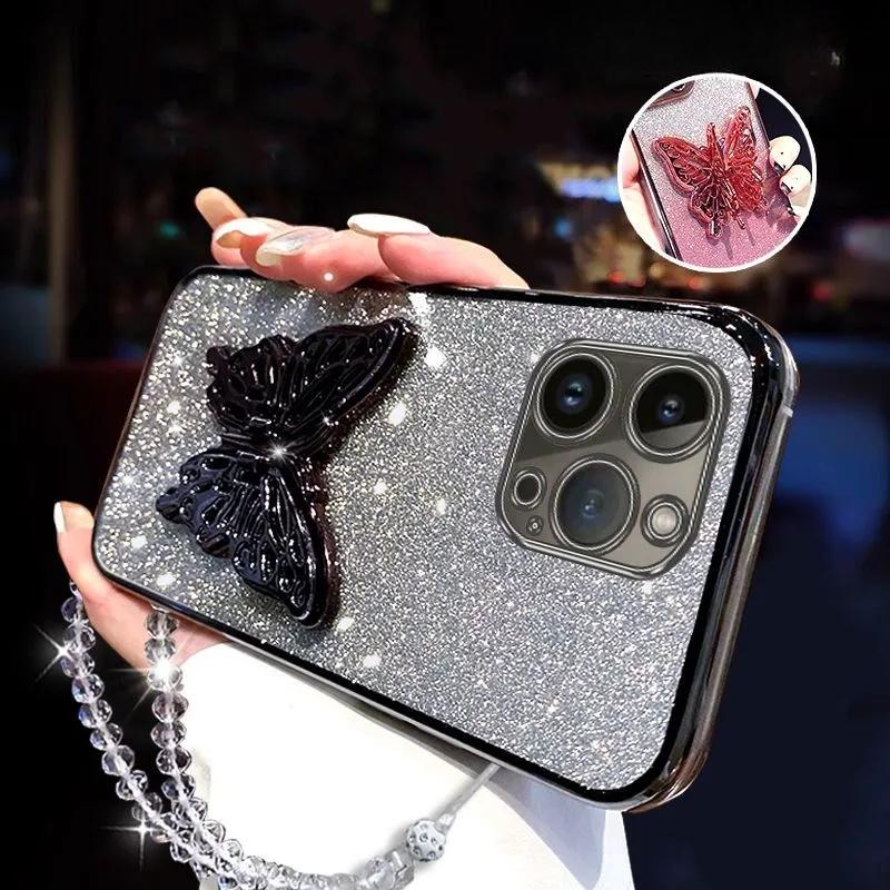 3D Держатель для телефона в виде бабочки, Хрустальный браслет, Блестящий чехол с гальваническим покрытием для iphone 15 14 13 12 mini 11 Pro XS Max XR 8 7 Plus, Чехол
