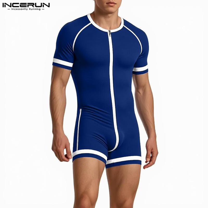 INCERUN Men Short Sleeve Stitching Fitted Jumpsuits Romper Bodysuits Pajamas Home Wear