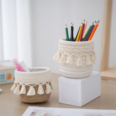 Скандинавская минималистичная корзина для хранения из хлопковой веревки с кисточками, креативная маленькая подставка для ручек для дома