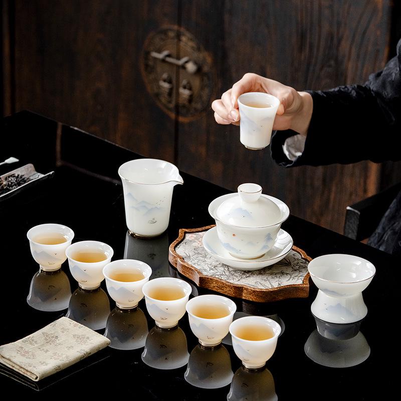 Высококачественный набор для чайной церемонии Кунг-фу Puyu Light Luxury из белого фарфора Дехуа с чайником из нефритового фарфора цвета бараньего жира