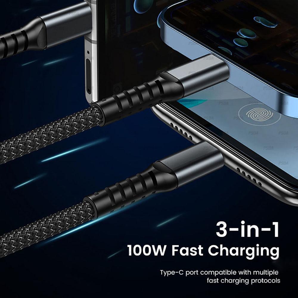 3 in 1 Super Fast Charging Cable Transparent Luminous Nylon Braided Cord Quick Charging Data Cable for Samsung Huawei Xiaomi
