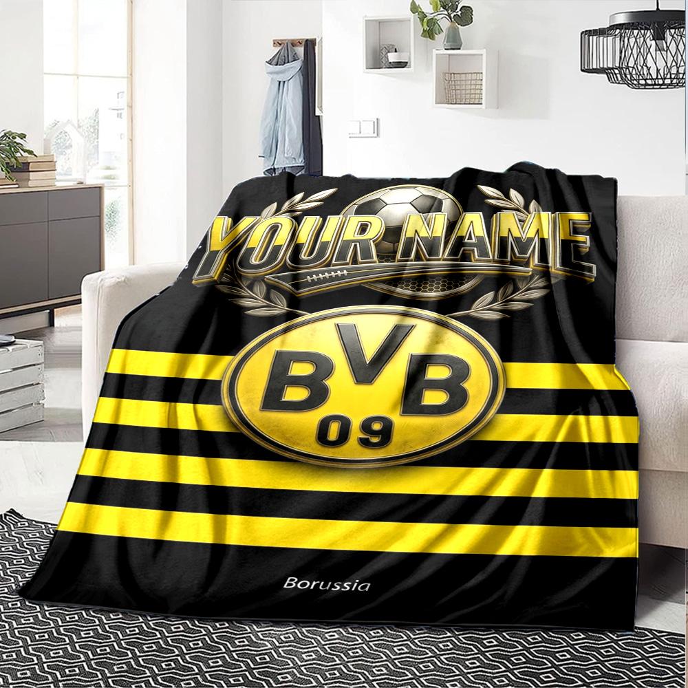 Name Custom Borussia Dortmund Logo Print Flannel Blanket High Quality Warm Comfortable Cover for All Seasons Perfect for Gifts Home Decor