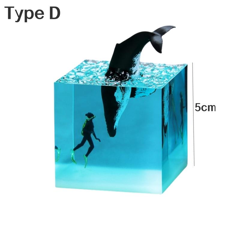 3D Морской куб с китом Светодиодная настольная лампа Украшения из смолы Новинка Акула Дайвер Океан Микро Пейзаж Настольные ночники Аксессуары