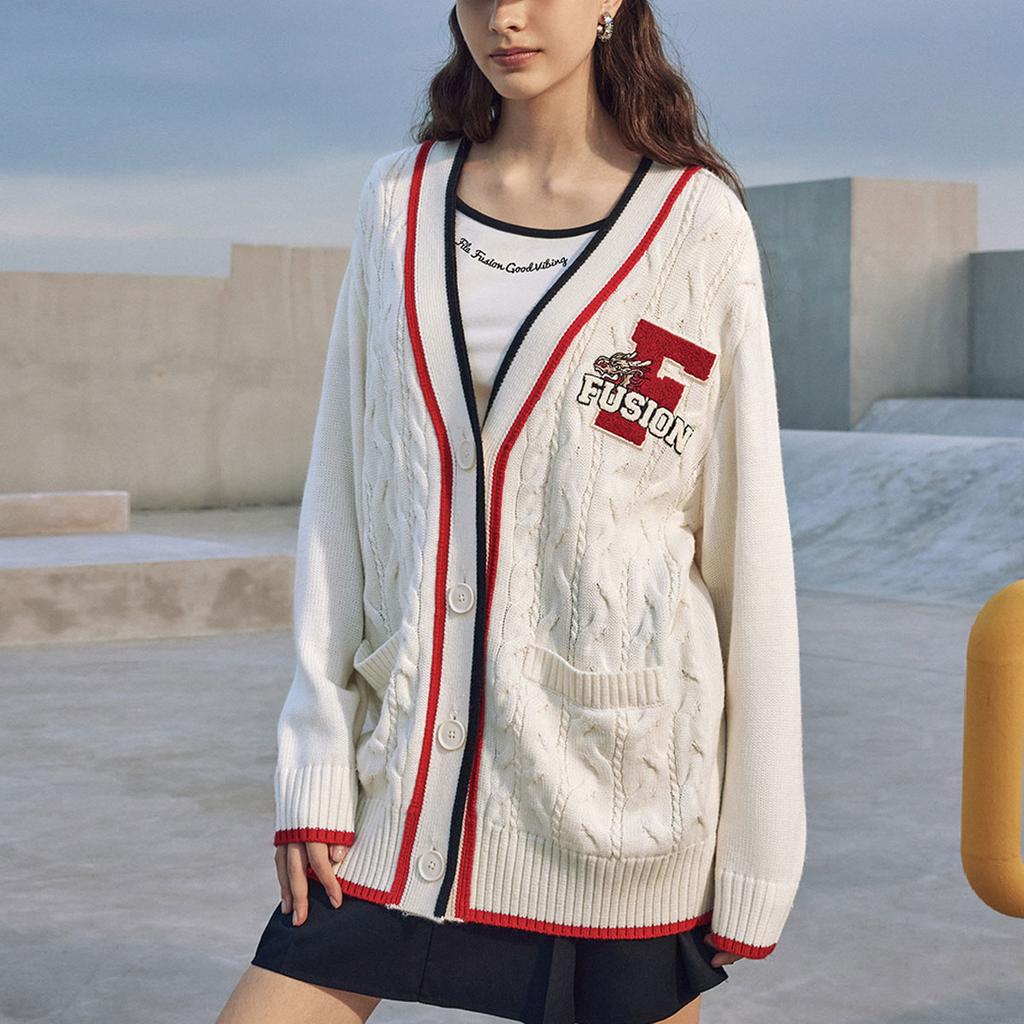 Fila Fusion Серия 'Дракон Удачи' на Новый Год Свитеры-кардиганы с принтом логотипа, свободного кроя, Женский свитер Облачно-белый T11W412402F-WT
