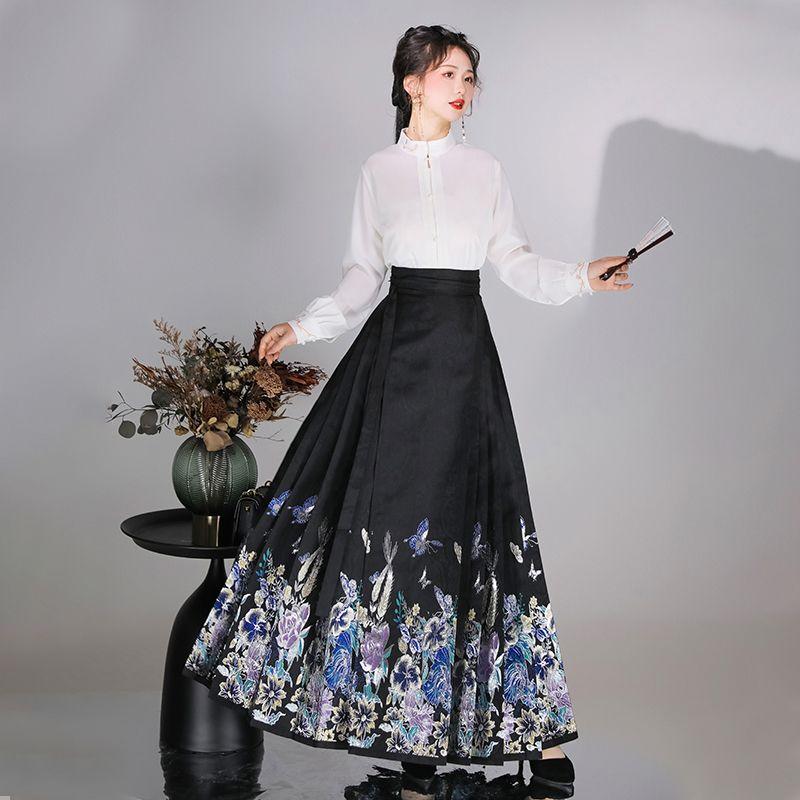 Оригинальная китайская женская рубашка в стиле династии Мин в стиле ханьфу со стоячим воротником и юбкой с лошадиным лицом