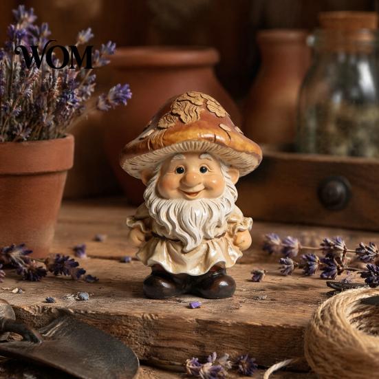 Hand Painted Forest Yard Art Mushroom Cap Gnome Statue, Resin Garden Figurine, Retro Decorative Lawn Dwarf for Cute Sculpture Patio Indoor Table