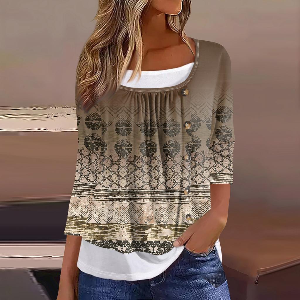 Women's T Shirt Tee Print 3/4 Sleeve Fake Two Pieces Daily Weekend Fashion Basic Regular Top