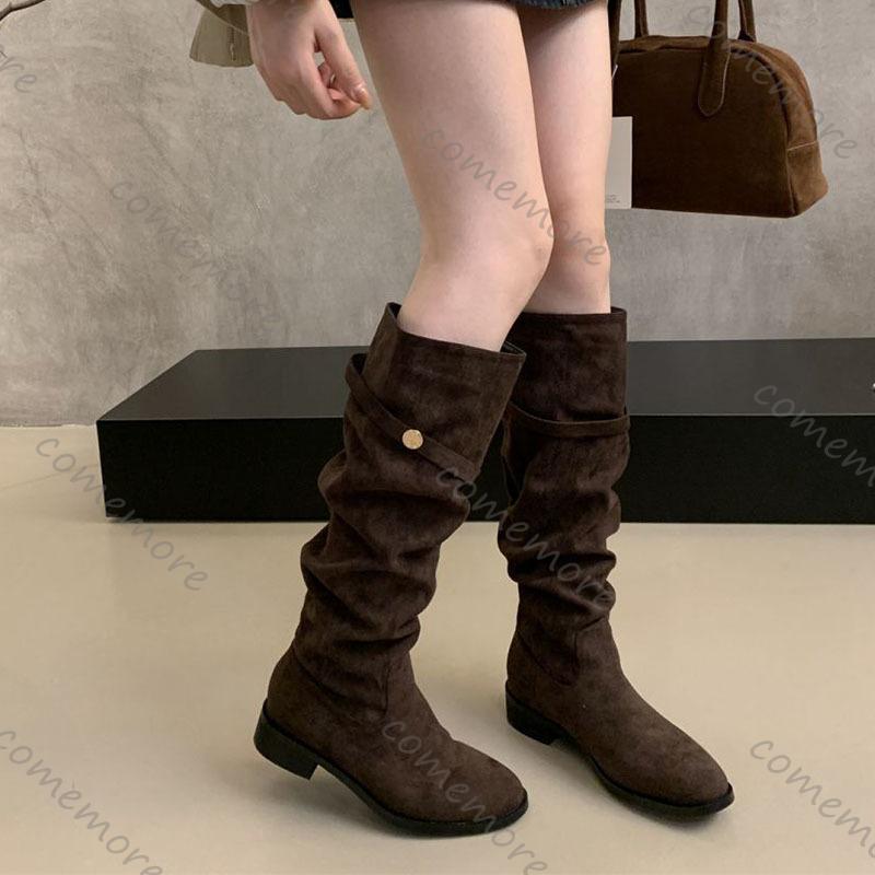 Comemore Замшевые ботфорты женские 2025 Новые осенние ретро плиссированные туфли на толстом каблуке для женщин Однотонные длинные ботфорты женские