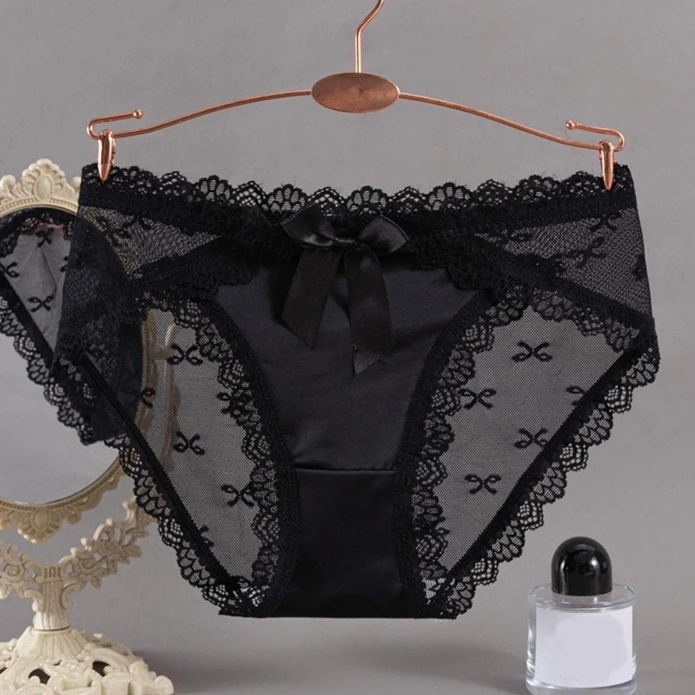 Breathable Low Waist Lace Panties Transparent Cotton Crotch Mesh Flower Briefs Lingerie Bow Lace Thin Underwear Lady