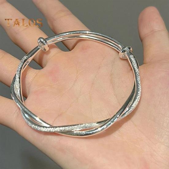 Women Bangle Twisted Entangled Alloy Silver Color Chinese Style Adjustable Smooth Polished Wrist Jewelry Anniversary Birthday Gift Lightweight Bangle