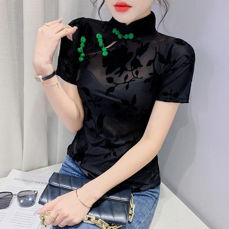 Летняя ретро блузка из сетки с китайскими пуговицами-лягушками 2022