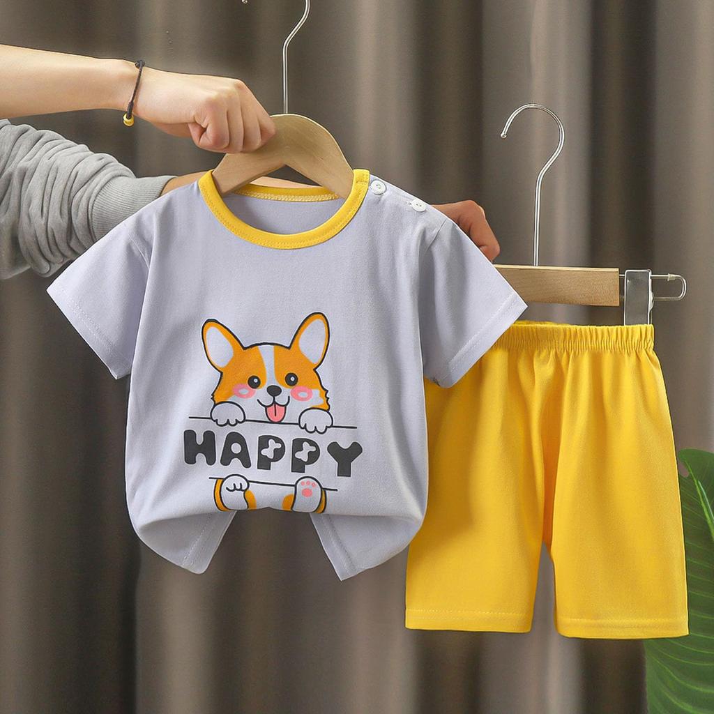 Короткие комплекты для мальчиков и девочек, милый динозавр с цветочным принтом, топы с короткими рукавами, короткие штаны с круглым вырезом, комплекты из двух предметов, одежда для детей