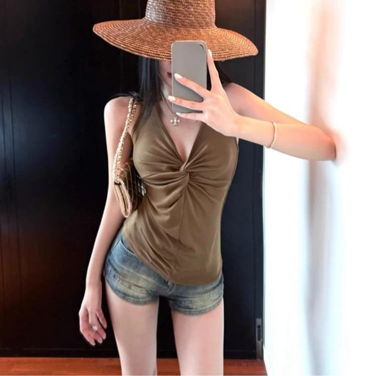 Summer Sexy Halter Sling T Shirt for Women's V-neck Sleeveless T-shirts Casual Slim Elastic Skinny Y2k Tank Tops Women Clothes
