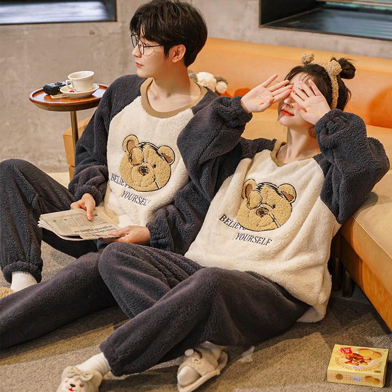 Мужская и женская толстая пижама из кораллового флиса: Теплый вельветовый фланелевый зимний комплект