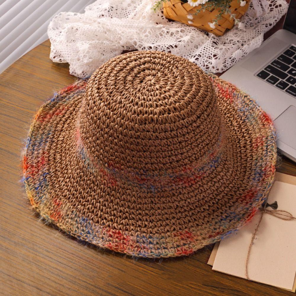 Foldable Wide Brim Straw Hat Colorful Women's Sun Visor Hats Casual Weave Bucket Hat Holiday