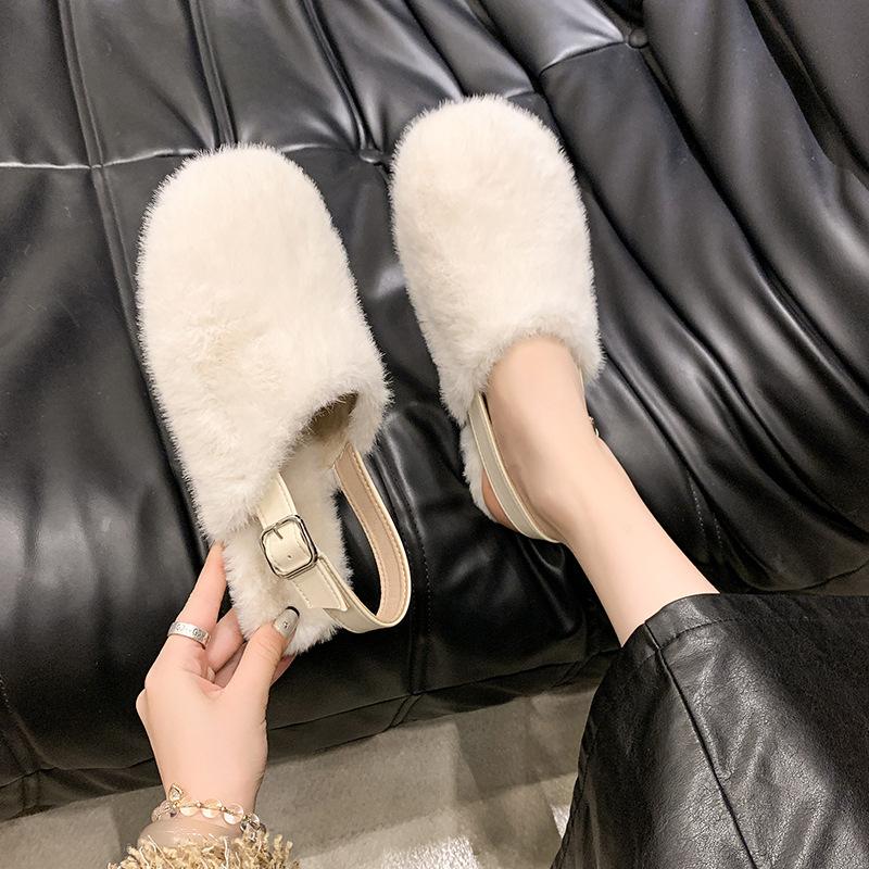 Тапочки женские новые модели осень-зима 2025 с флисом для сохранения тепла, круглая головка сзади ремешок, верхняя одежда мешок голова универсальная на низком каблуке пух