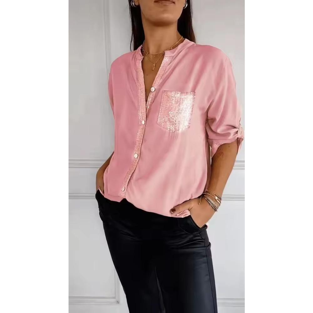 Повседневный топ с V-образным вырезом и пайетками, рукав средней длины, летние женские блузки, повседневная рубашка со свободным воротником, на пуговицах, с принтом, с карманом для защиты от солнца