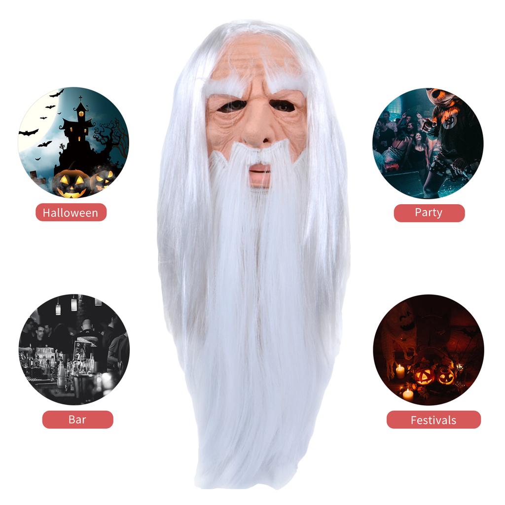 Scary White Haired Wizard Mask Halloween Cosplay Wizard Creepy Wig Beard Witch Full Face Mask Halloween Gift for Halloween Party Props Bar Festival