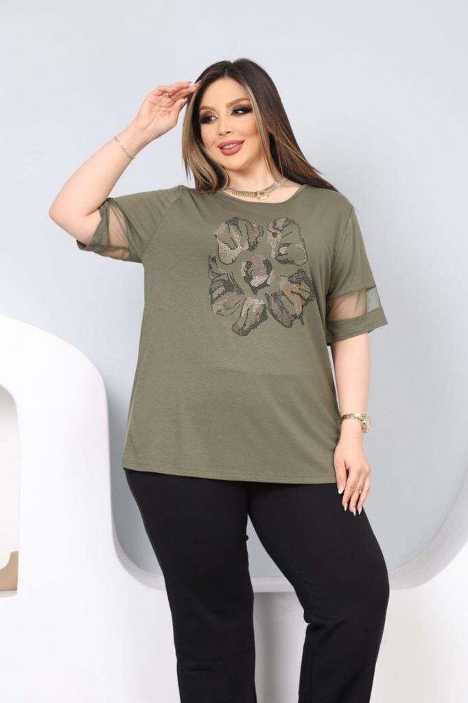 Женская блузка большого размера Блузка большого размера с каменным цветочным узором спереди