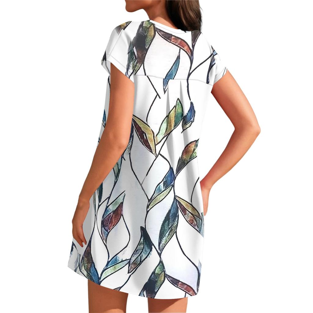 Женская мода повседневная летняя винтажная цветочная печать короткий рукав круглый вырез свободное платье с карманами