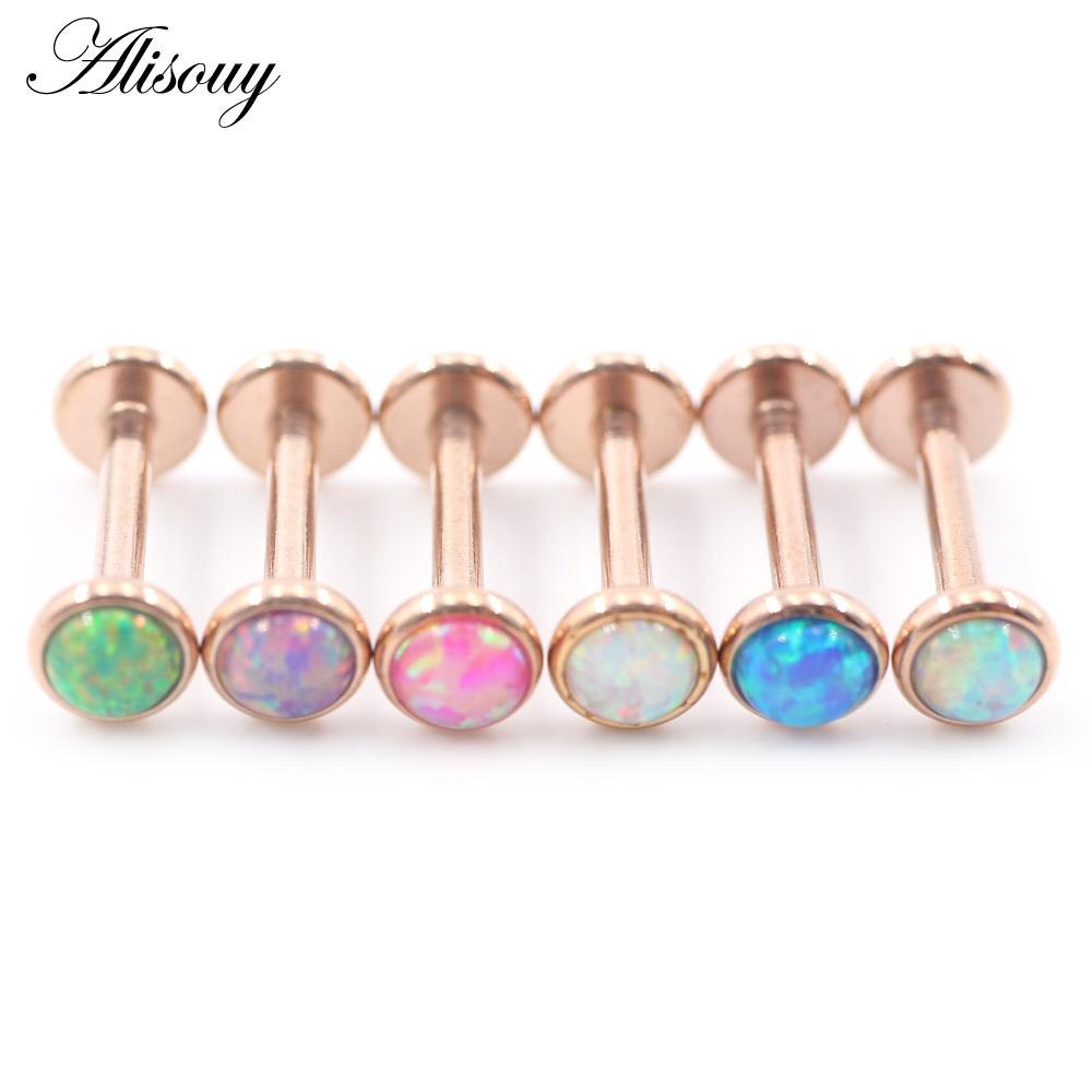 Alisouy 1PC Stainless Steel Opal Stone Labret Lip Tongue Rings Ear Tragus Helix Cartilage Stud Earrings Piercing Body Jewelry