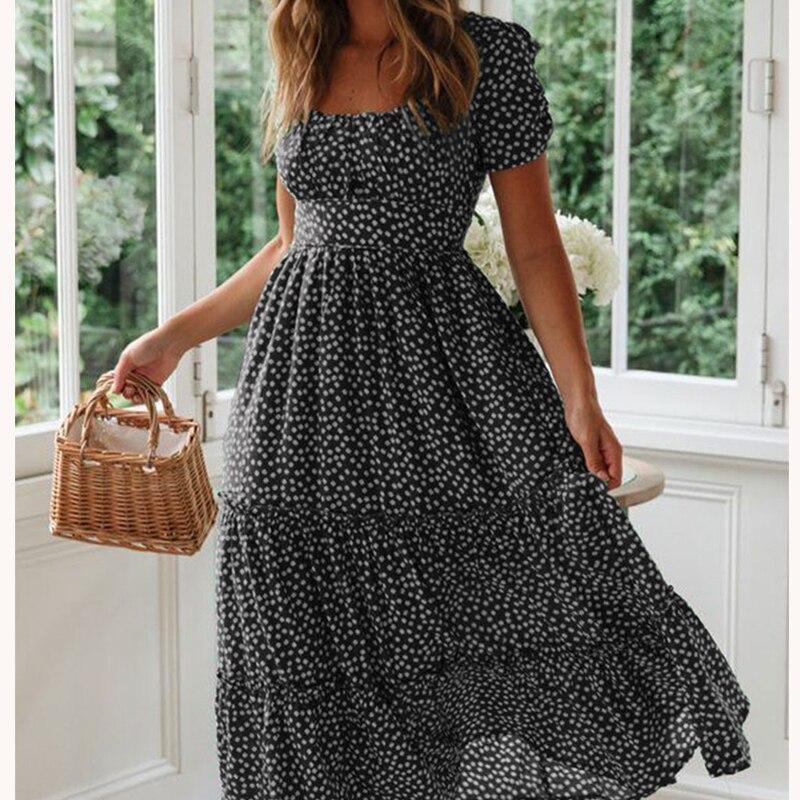 Повседневное платье с квадратным вырезом, французское пышное платье с короткими рукавами и принтом в горошек, женское летнее платье трапециевидной формы с тонкой талией, зеленое платье, длинный халат 24940