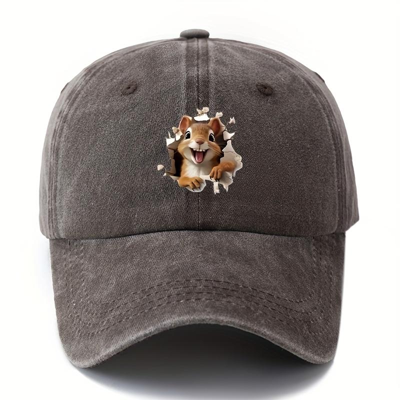 Cartoon Squirrel Print Retro Washed Lightweight Curved Brim Hat Suitable for Outdoor Vacation, Travel, Camping Truck Driver Hat
